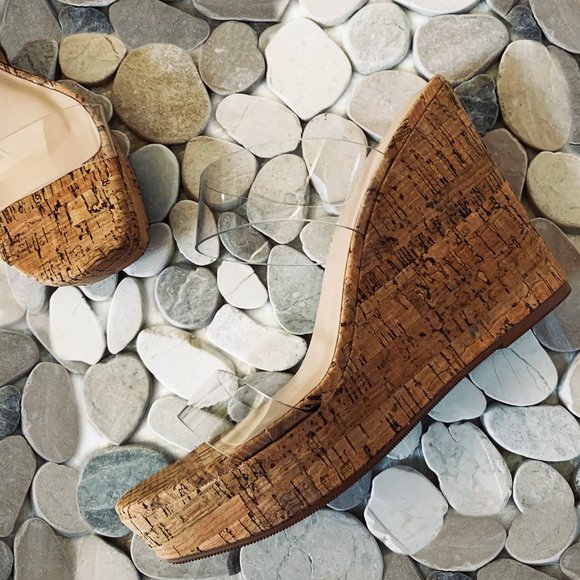 NEW Transparent Clear Dual Strap Cork Platform Wedge Heel Slide Sandals Open Toe - Picture 3 of 7